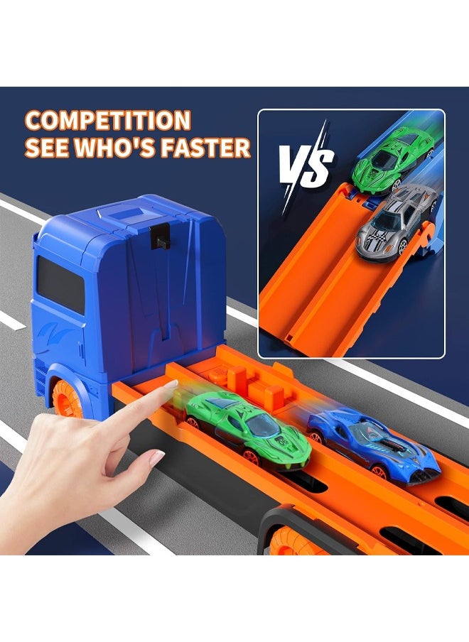 Quivlox - Toddler Transport Truck Toy for 2 3 4 5 6 Years Old Boys, 64-Inch Foldable Car Race Track for Boys Kids, Carrier Truck Race Track Toddlers Toys,Foldable 2 Layer Track Playset, 9 in 1 Die-Cast Car Carrier Truck Toy for Boys and Girls Gift - Image 1