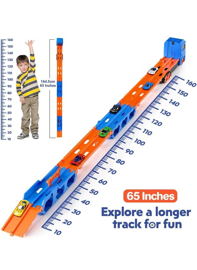 Quivlox - Toddler Transport Truck Toy for 2 3 4 5 6 Years Old Boys, 64-Inch Foldable Car Race Track for Boys Kids, Carrier Truck Race Track Toddlers Toys,Foldable 2 Layer Track Playset, 9 in 1 Die-Cast Car Carrier Truck Toy for Boys and Girls Gift - Image 1