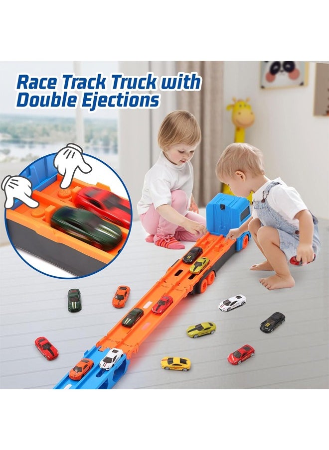 Quivlox - Toddler Transport Truck Toy for 2 3 4 5 6 Years Old Boys, 64-Inch Foldable Car Race Track for Boys Kids, Carrier Truck Race Track Toddlers Toys,Foldable 2 Layer Track Playset, 9 in 1 Die-Cast Car Carrier Truck Toy for Boys and Girls Gift - Image 1