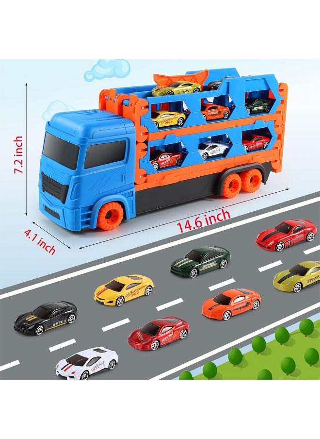 Quivlox - Toddler Transport Truck Toy for 2 3 4 5 6 Years Old Boys, 64-Inch Foldable Car Race Track for Boys Kids, Carrier Truck Race Track Toddlers Toys,Foldable 2 Layer Track Playset, 9 in 1 Die-Cast Car Carrier Truck Toy for Boys and Girls Gift - Image 1