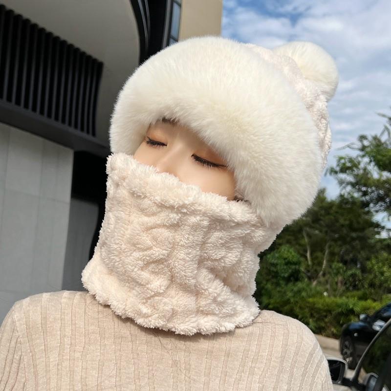 2024 new winter warm womens hat ear protection cap scarf all-match cycling windproof pullover hat Velvet and thickened off-white