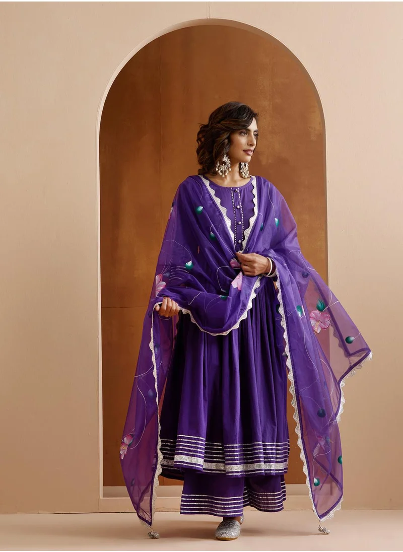 آي شين Women's Purple 100% Cotton Embroidered Tunic Full Length Palazzo Straight Fit Kurta Set
