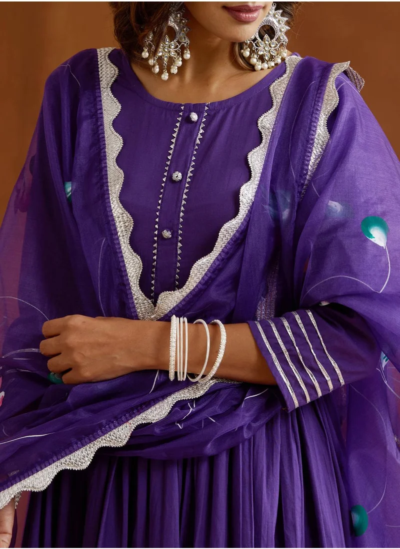 آي شين Women's Purple 100% Cotton Embroidered Tunic Full Length Palazzo Straight Fit Kurta Set