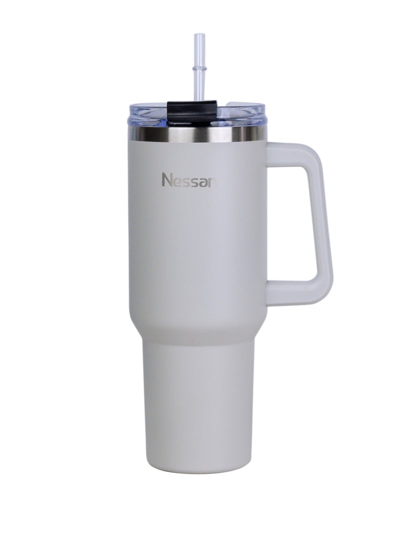 نيسان كوب سفر نسان مزدوج الجدار من الستانلس ستيل معزول بالتفريغ الهوائي بغطاء مزدوج الوظائف وقشة، بيج، 1200 مل - Image 1