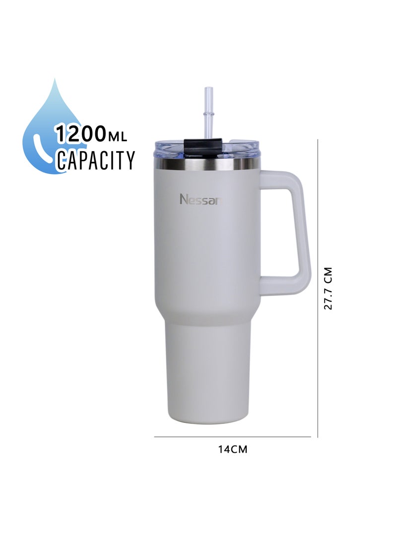 نيسان كوب سفر نسان مزدوج الجدار من الستانلس ستيل معزول بالتفريغ الهوائي بغطاء مزدوج الوظائف وقشة، بيج، 1200 مل - Image 3