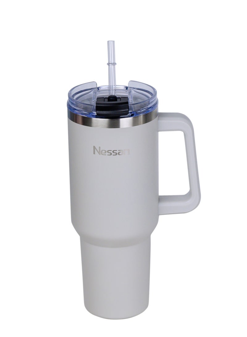 نيسان كوب سفر نسان مزدوج الجدار من الستانلس ستيل معزول بالتفريغ الهوائي بغطاء مزدوج الوظائف وقشة، بيج، 1200 مل - Image 2