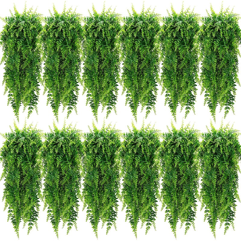 Geosar 12 Pcs Artificial Hanging Plants 32 Inch Hanging Boston Ferns Plastic Fake Plants for Wall Room Garden Wedding Garland Indoor Outdoor Decoration No Basket