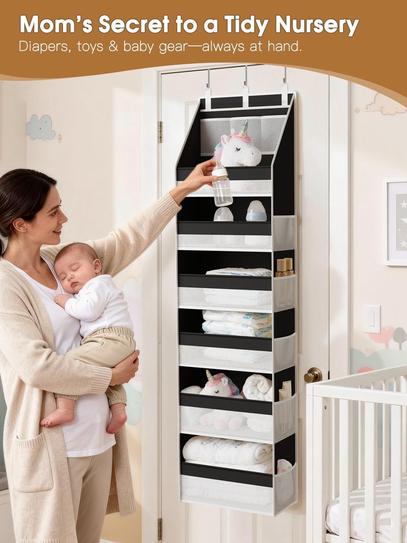 Criusia Over the Door Organizer, Heavy-Duty 6-Shelf Hanging Storage with 13 Mesh Pockets, 55lbs Capacity Behind the Door Storage for Nursery, Bathroom, Bedroom, and Dorm, Black - Image 4