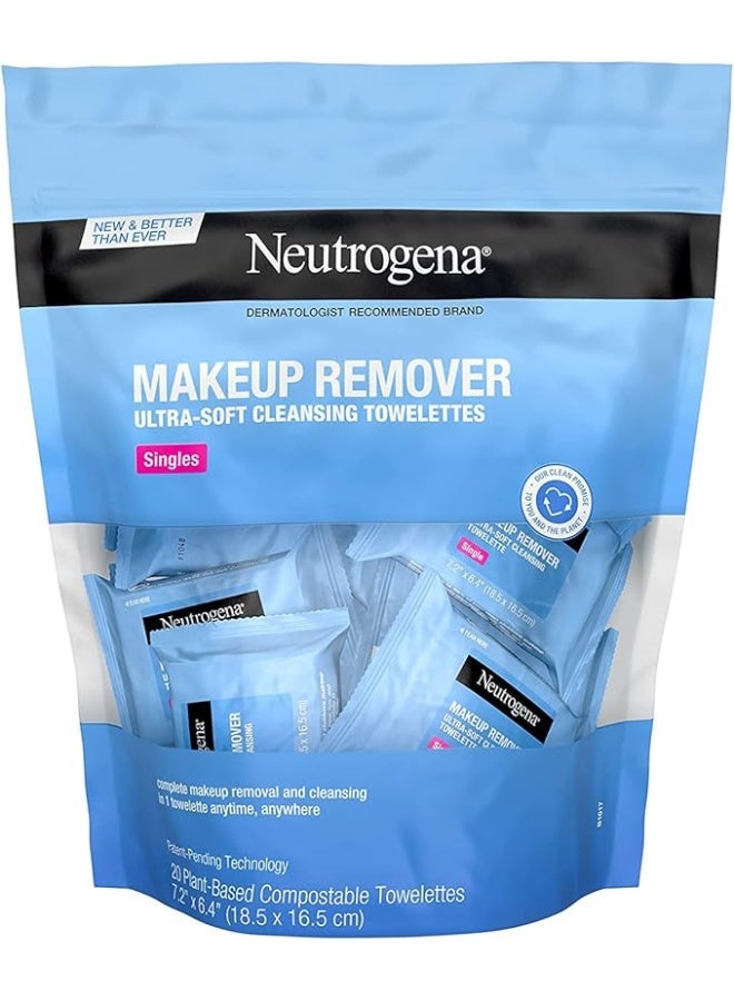 Neutrogena Makeup Remover Cleansing Towelette Singles, Daily Face Wipes To Remove Dirt, Oil, Makeup & Waterproof Mascara, Individually Wrapped, 20 Count