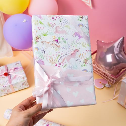 Garbendy Pink Unicorn Wrapping Paper- Mini Roll - 17 InchX 32.8 Feet - Colorful Plants Florals, Pink Heart Reversible Girls Gift Paper for Birthday, Baby Shower, Party, Holiday, Party - Image 4