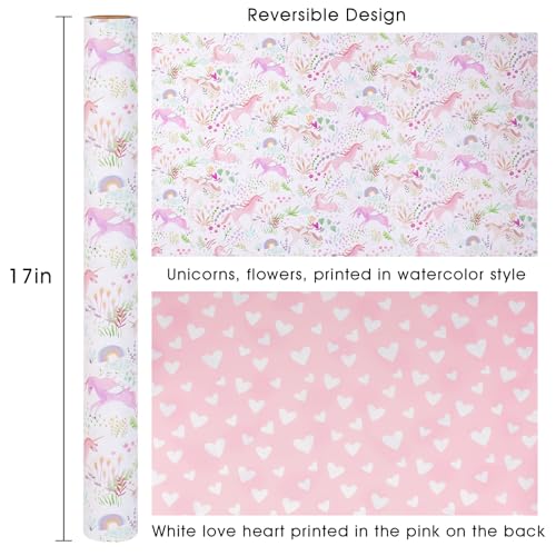 Garbendy Pink Unicorn Wrapping Paper- Mini Roll - 17 InchX 32.8 Feet - Colorful Plants Florals, Pink Heart Reversible Girls Gift Paper for Birthday, Baby Shower, Party, Holiday, Party - Image 3