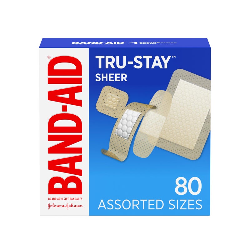 Band-Aid لصقات باند-أيد ماركة ترو-ستاي الشفافة اللاصقة المعقمة للإسعافات الأولية وحماية الجروح، مغلفة بشكل فردي لعلاج الجروح للقطع والخدوش الطفيفة، بأحجام متنوعة، 80 قطعة - Image 1