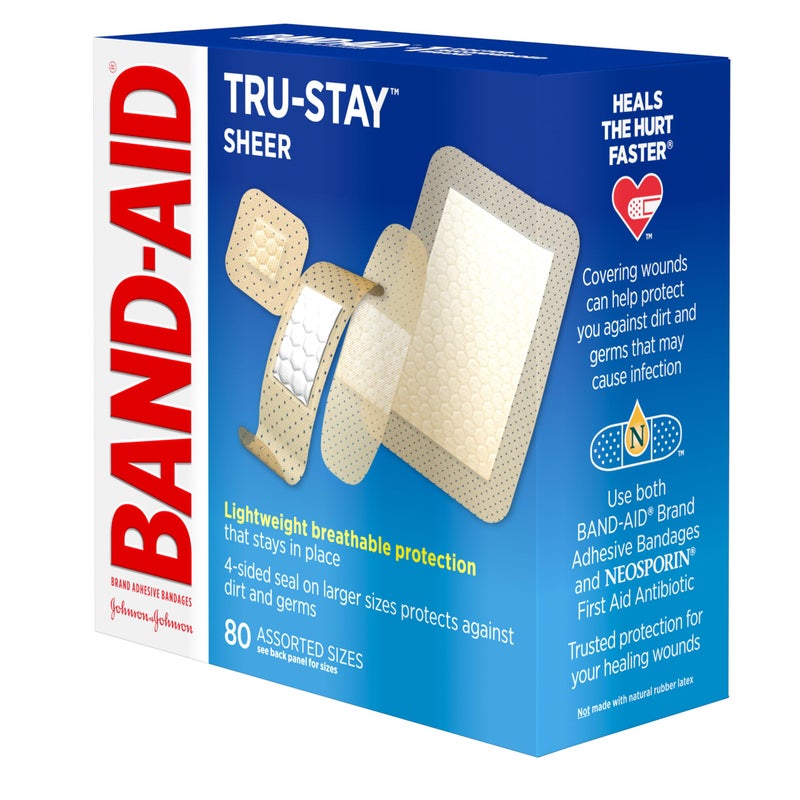 Band-Aid لصقات باند-أيد ماركة ترو-ستاي الشفافة اللاصقة المعقمة للإسعافات الأولية وحماية الجروح، مغلفة بشكل فردي لعلاج الجروح للقطع والخدوش الطفيفة، بأحجام متنوعة، 80 قطعة - Image 4
