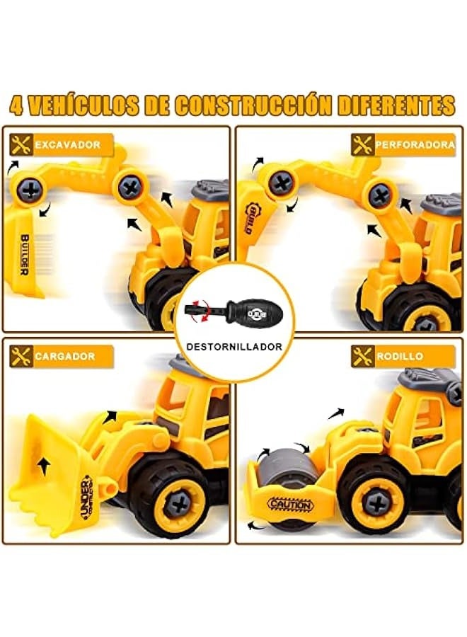 4 شاحنات بناء مفككة، شاحنات ألعاب مع حفار، جرافة، متسكع وبكرة الطريق، ألعاب سيارات DIY، للأعمار من 3 إلى 8 سنوات - Image 2