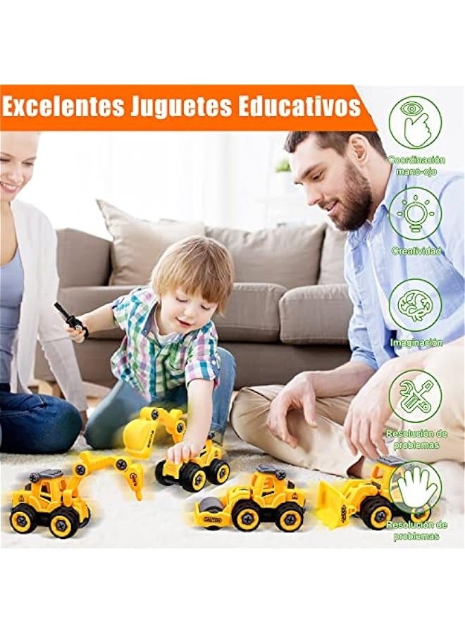 4 شاحنات بناء مفككة، شاحنات ألعاب مع حفار، جرافة، متسكع وبكرة الطريق، ألعاب سيارات DIY، للأعمار من 3 إلى 8 سنوات - Image 5