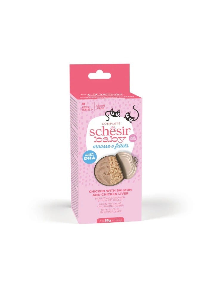 Schesir Pack of 3PC Baby Chicken With Salmon and Chicken Liver Mousse Cat Wet Food Package (3 x 55 g) - Image 2