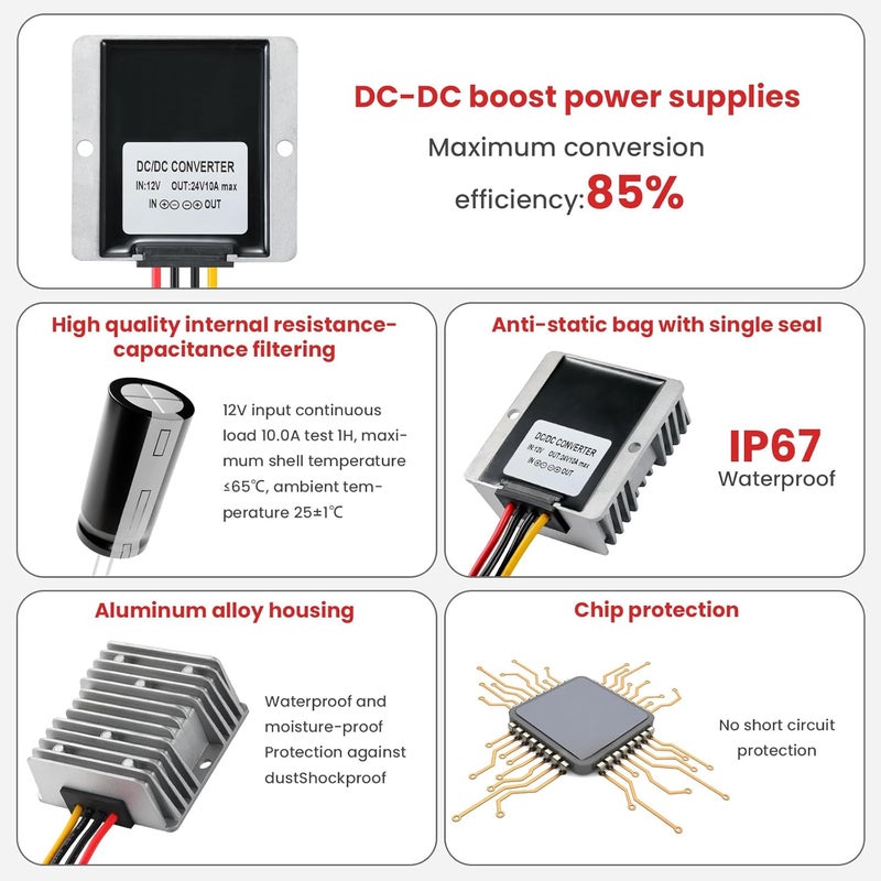 DC 12V to 24V Step Up Converter 10A 240W Boost Converter Waterproof Transformer with Fuse Power Supply for Golf Cart Club Car LED Strip Light - Image 5