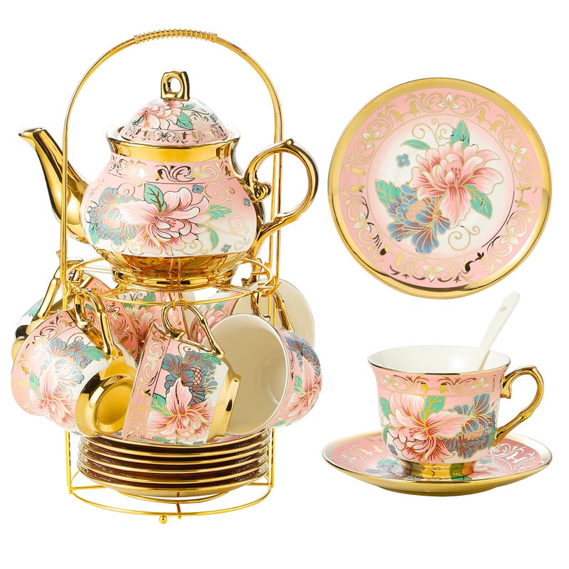 20 Pieces Porcelain Tea Set With Metal Holder European Ceramic tea set for adultsFlower Tea SetTea Set For Women With Flower Painting Large version Pink