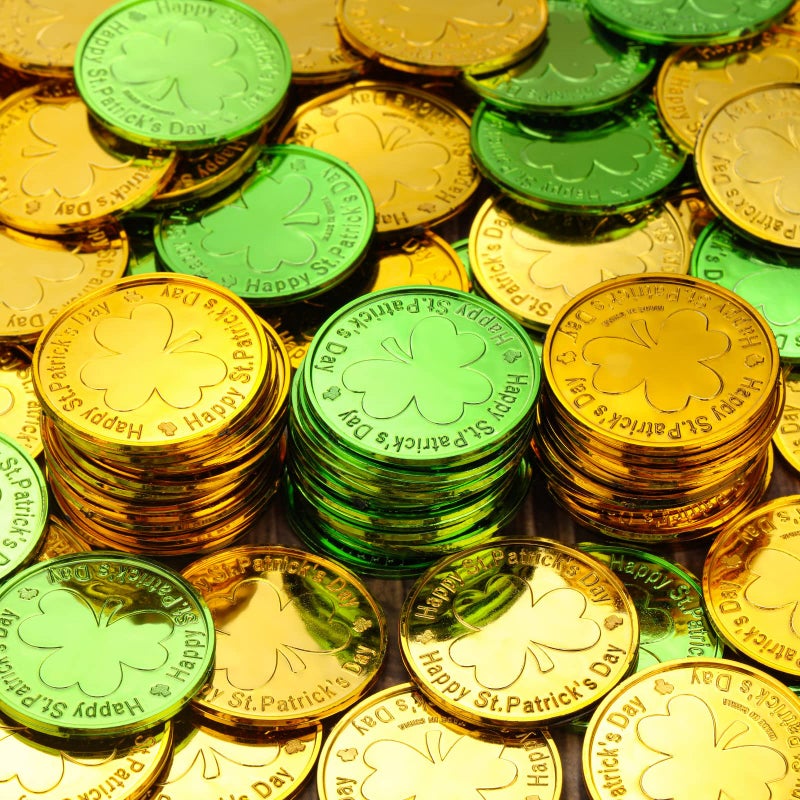 Skylety 50 Pieces St. Patrick's Day Shamrock Coins Decorative Plastic Coin Green and Gold Fake Coins Small Lucky Coin Clover Coin for St. Patrick's Day Party Supplies, 1.38 Inches - Image 4
