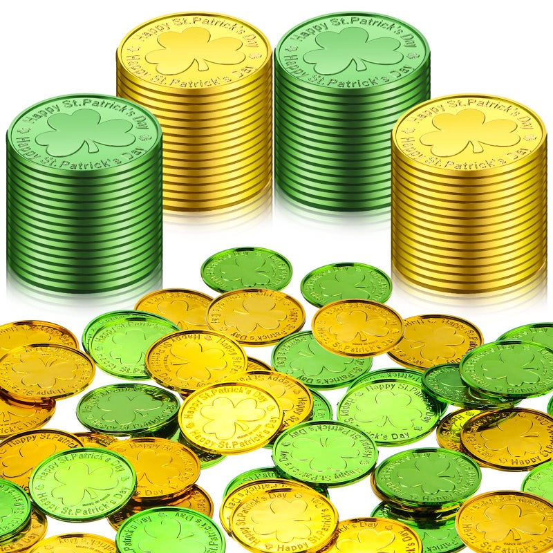 Skylety 50 Pieces St. Patrick's Day Shamrock Coins Decorative Plastic Coin Green and Gold Fake Coins Small Lucky Coin Clover Coin for St. Patrick's Day Party Supplies, 1.38 Inches - Image 1