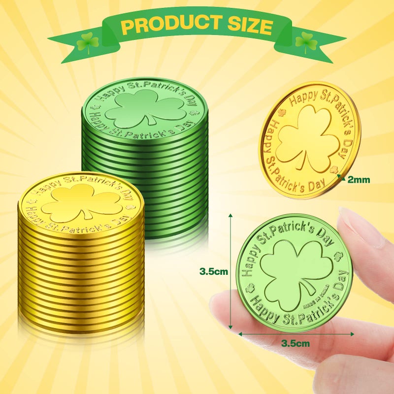 Skylety 50 Pieces St. Patrick's Day Shamrock Coins Decorative Plastic Coin Green and Gold Fake Coins Small Lucky Coin Clover Coin for St. Patrick's Day Party Supplies, 1.38 Inches - Image 2