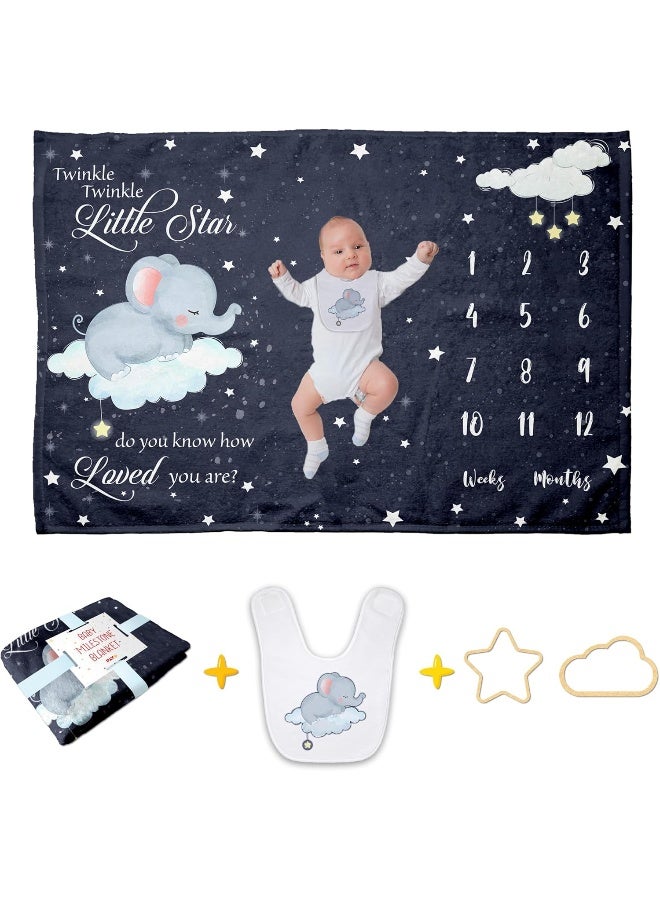 Pavo Baby Monthly Milestone Blanket for Boy Girl - Sleeping Elephant Twinkle Little Star - Elephant Baby Stuff - Premium Shower Gifts for Newborn Essential - 60"x40" - Image 1