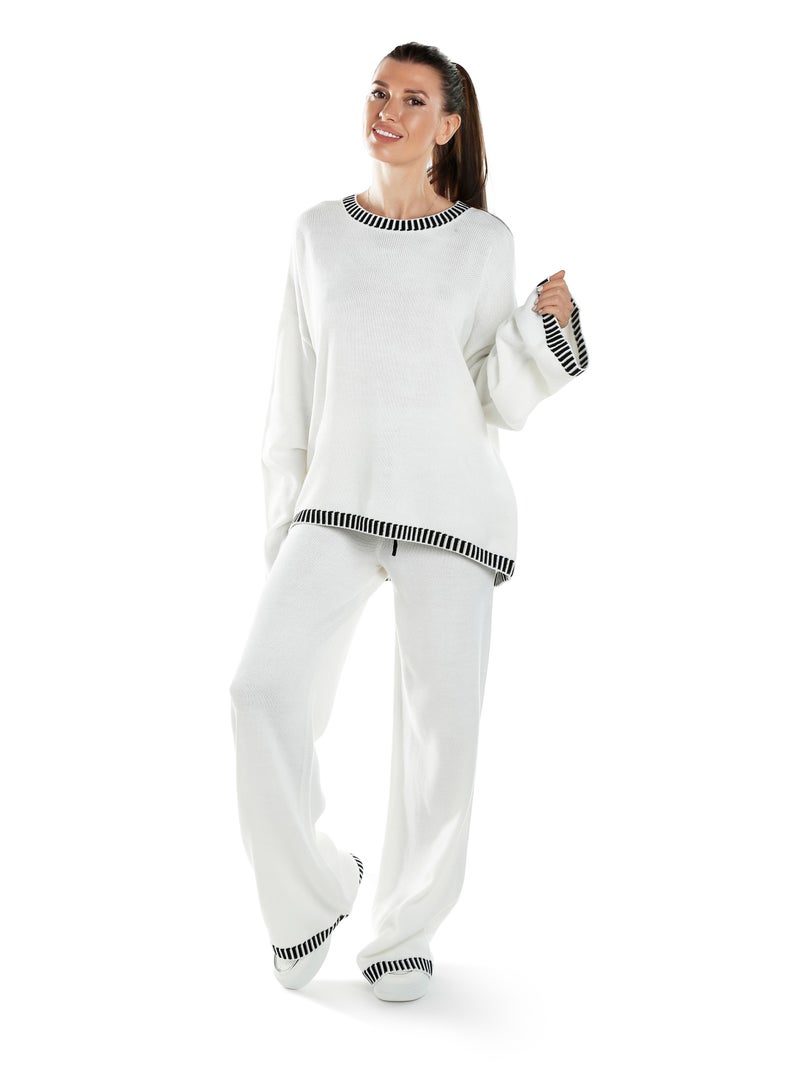 London Rag Contrast Stitch Detail Knit Sweater Trouser in Cream  - Image 4