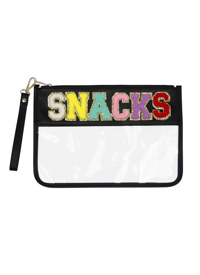 LO LORD LO Clear Pouch Glitter Letter Zipper Pouch Clear Makeup Bags for Travel Small Snacks Bag Preppy Cosmetic Stuff Bag for Women (Snacks Black)  - Image 1