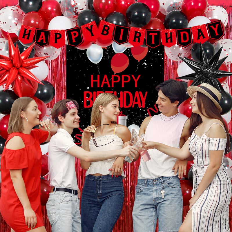 Pounira Red and Black Birthday Decorations for Men Women, Red Party Decorations for Boys Girls Happy Birthday Decorations Door Banner, Tablecloth Foil Backdrop Star Balloons for Men Bday Party Supplies - Image 4