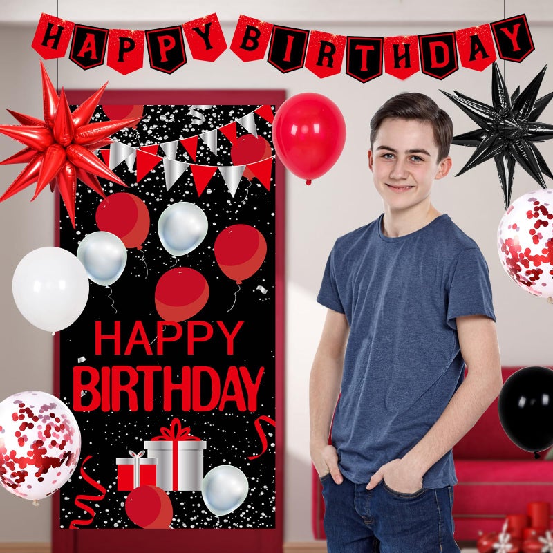 Pounira Red and Black Birthday Decorations for Men Women, Red Party Decorations for Boys Girls Happy Birthday Decorations Door Banner, Tablecloth Foil Backdrop Star Balloons for Men Bday Party Supplies - Image 5