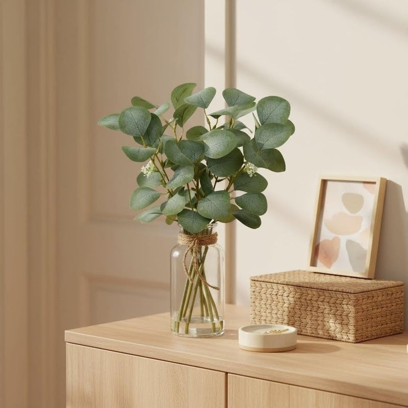 Briful Artificial Eucalyptus Stems in Glass Vase with Faux Water, 14" Fake Plant Eucalyptus Leaves for Home Bathroom Office Farmhouse Wedding Centerpiece DÃ©cor - Image 3