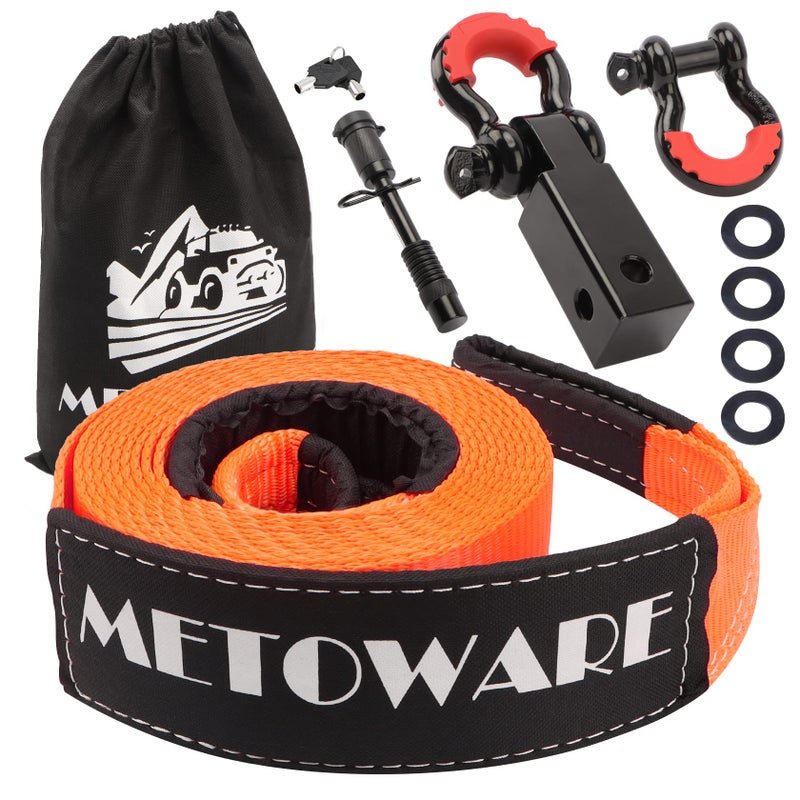 METOWARE Heavy Duty Tow Strap Recovery Kit - 3" x 20ft(35,000lbs) Tree Saver Winch Strap + 3/4" D Ring Shackles(2pcs) +2" Shackle Hitch Receiver + 5/8 Locking Pin + Storage Bag - Truck SUV ATV - Image 1
