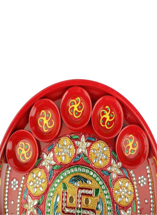 أديتري_كرييشن صينية بوجا مزخرفة مع أوعية، طبق بتصميم سواستيك، صينية بوجا فولاذية، أدوات أساسية لطقوس آرتي، زينة تقليدية لمهرجان كاروا تشاوث، زينة حفلات الزفاف (المقاس: 10 بوصات، اللون: أحمر) - Image 3