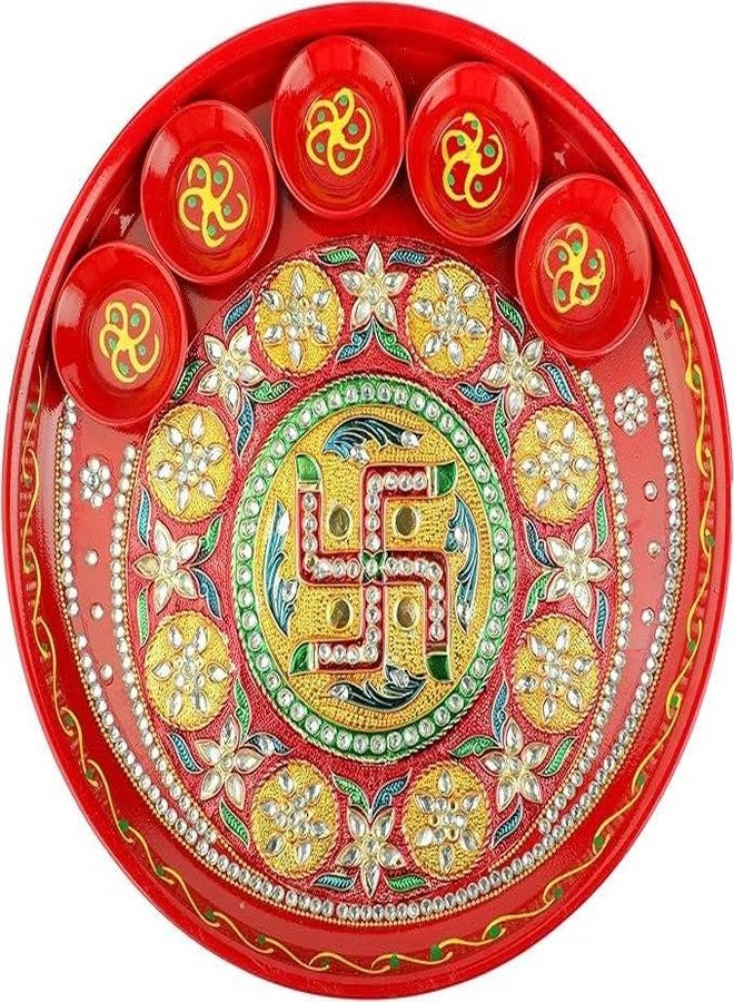 أديتري_كرييشن صينية بوجا مزخرفة مع أوعية، طبق بتصميم سواستيك، صينية بوجا فولاذية، أدوات أساسية لطقوس آرتي، زينة تقليدية لمهرجان كاروا تشاوث، زينة حفلات الزفاف (المقاس: 10 بوصات، اللون: أحمر) - Image 2