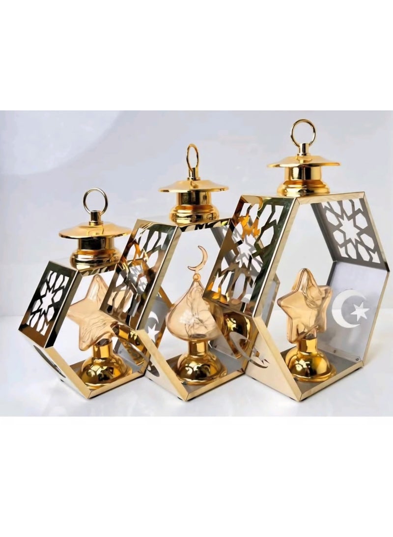 Lantern Set Only Gold Metal Ramadan Lantern Set – 3 pieces with an elegant design for Ramadan decoration