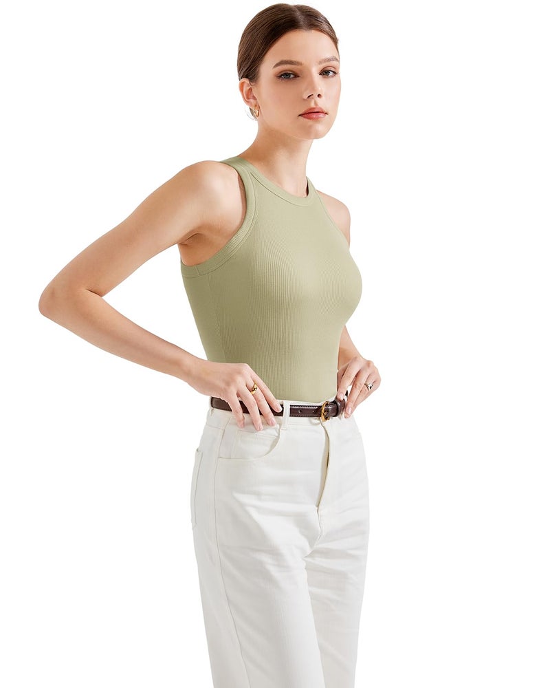 SUUKSESS Women Padded Cotton Ribbed Tank Tops Sleeveless High Neck Racerback Basic Tops(Light Green, M) - Image 5