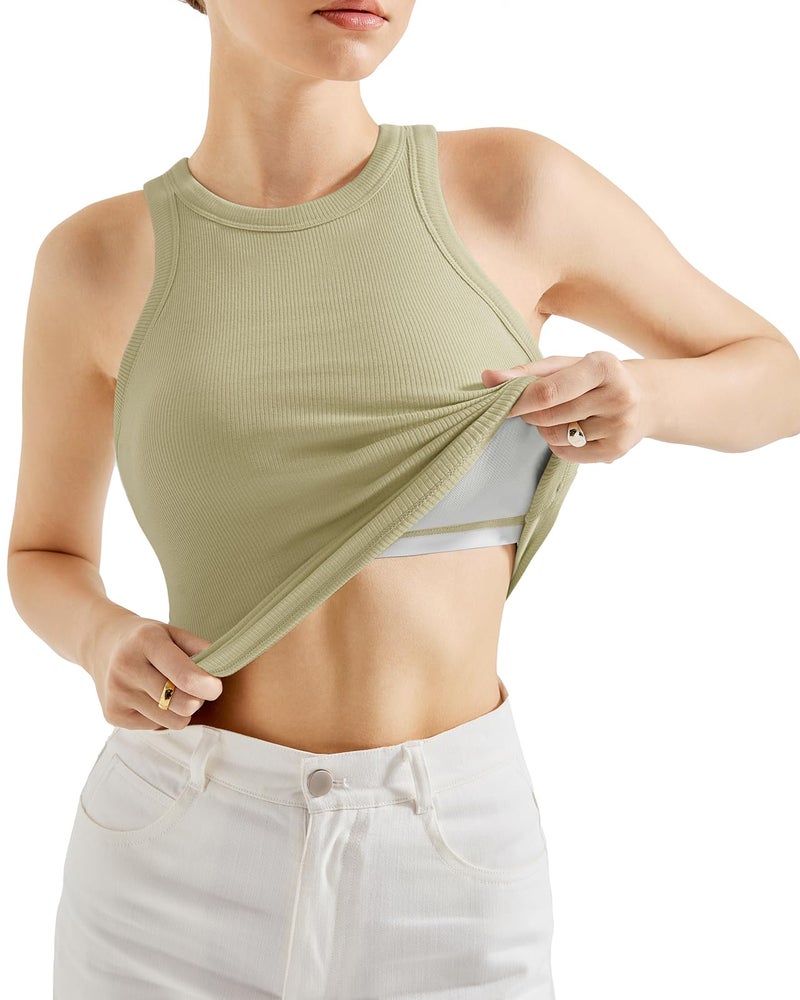 SUUKSESS Women Padded Cotton Ribbed Tank Tops Sleeveless High Neck Racerback Basic Tops(Light Green, M) - Image 3
