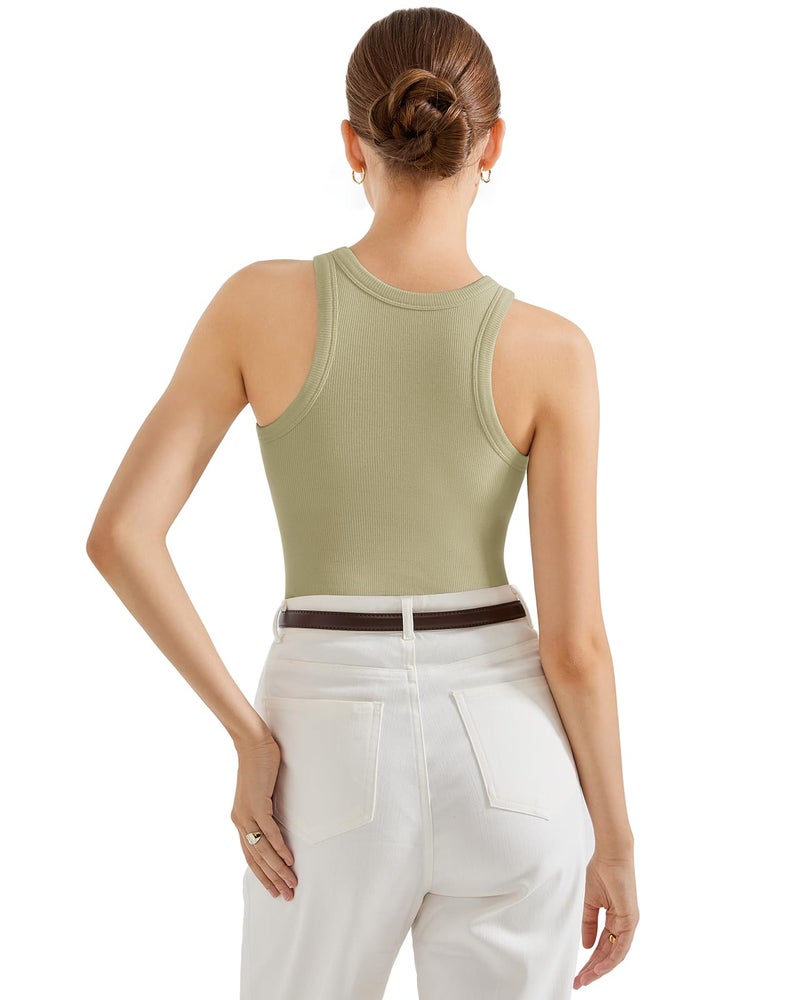 SUUKSESS Women Padded Cotton Ribbed Tank Tops Sleeveless High Neck Racerback Basic Tops(Light Green, M) - Image 4