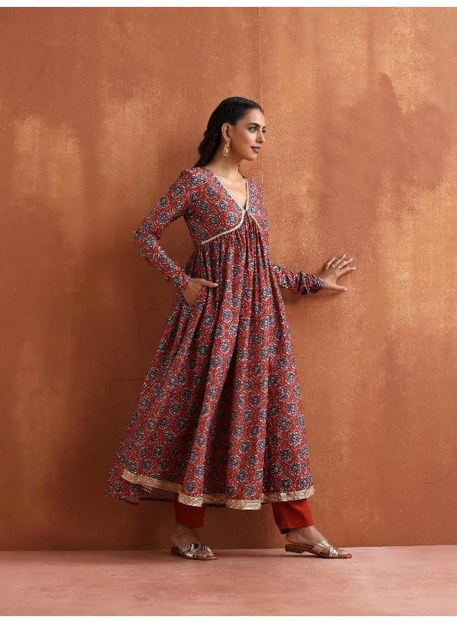 trueBrowns Rust Ajrak Print Flared Anarkali Kurta Set