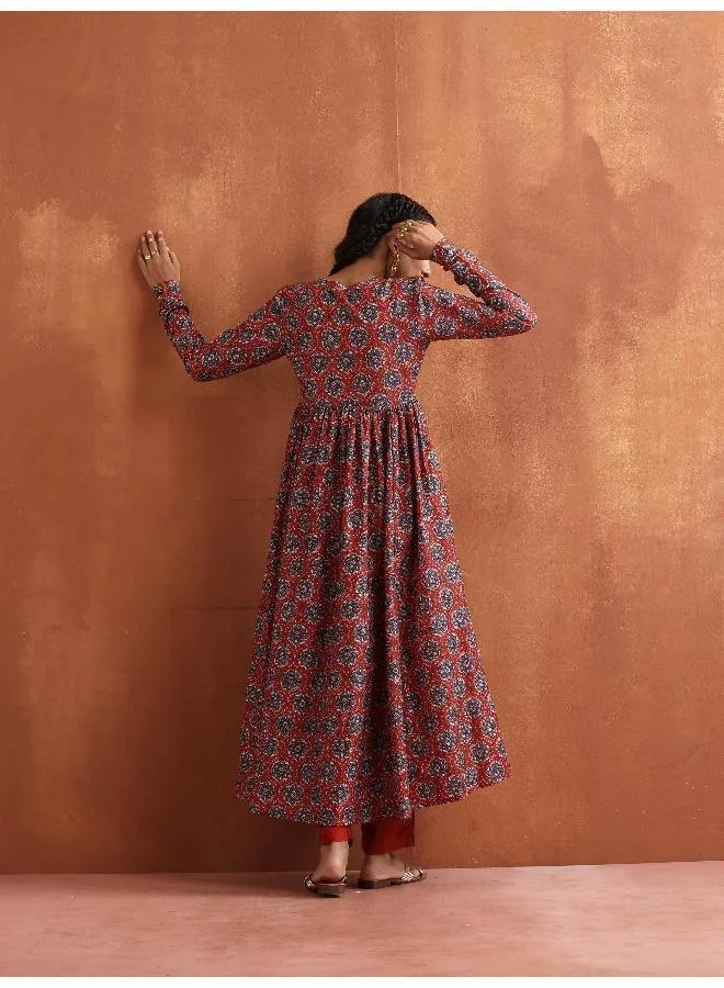 trueBrowns Rust Ajrak Print Flared Anarkali Kurta Set
