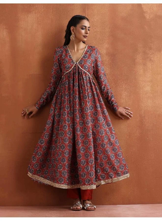 trueBrowns Rust Ajrak Print Flared Anarkali Kurta Set