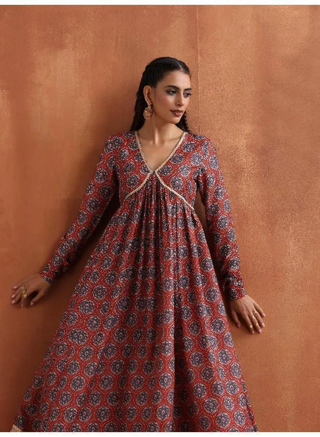 trueBrowns Rust Ajrak Print Flared Anarkali Kurta Set