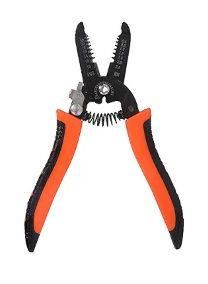 7-inch wire stripper with a metal design, comfortable handle, spring for easy use, and safety lock.