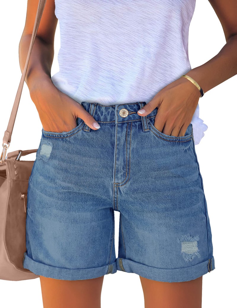 luvamia Women's Casual Ripped Denim Shorts High Rise Summer Destoryed Jeans Shorts for Women High Waist Lapis Air Size Large Size 12-14 - Image 1