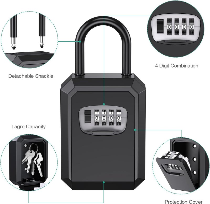 ORIA Key Lock Box, 4 Digit Combination Lock Box with Shackle, 4.7" Wall Mounted Weatherproof Key Safe Storage Lock Box, Key Storage Lock Box for Keys of Home, Hotel, and School - Image 4