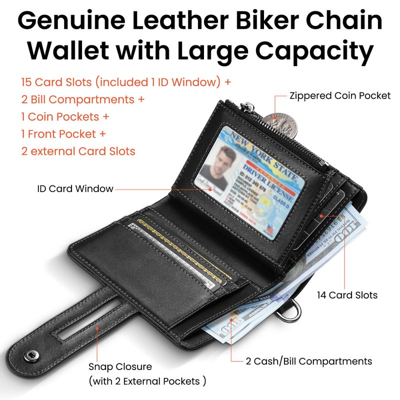 furid Genuine Leather Chain Wallet: RFID Blocking Men's Wallet with Anti-Theft Chain - Bifold Zipper Coin Pocket Holds 15+ Cards - Gift for Motorcyclists Outdoor Workers Travelers on Birthday - Image 2