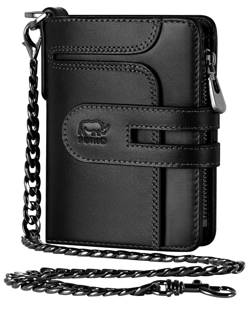 furid Genuine Leather Chain Wallet: RFID Blocking Men's Wallet with Anti-Theft Chain - Bifold Zipper Coin Pocket Holds 15+ Cards - Gift for Motorcyclists Outdoor Workers Travelers on Birthday - Image 1