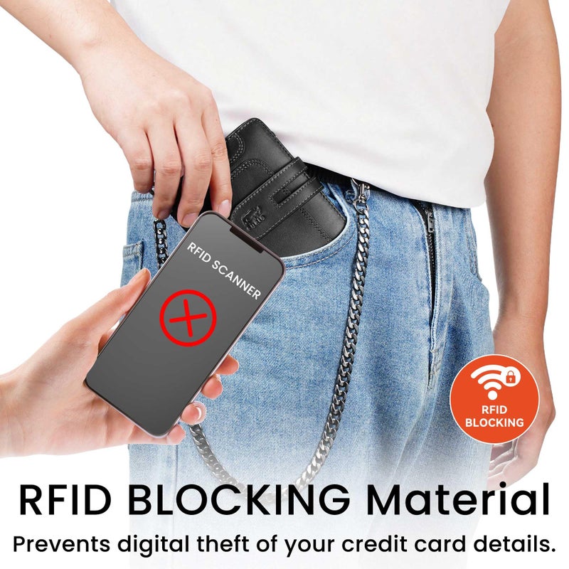 furid Genuine Leather Chain Wallet: RFID Blocking Men's Wallet with Anti-Theft Chain - Bifold Zipper Coin Pocket Holds 15+ Cards - Gift for Motorcyclists Outdoor Workers Travelers on Birthday - Image 3