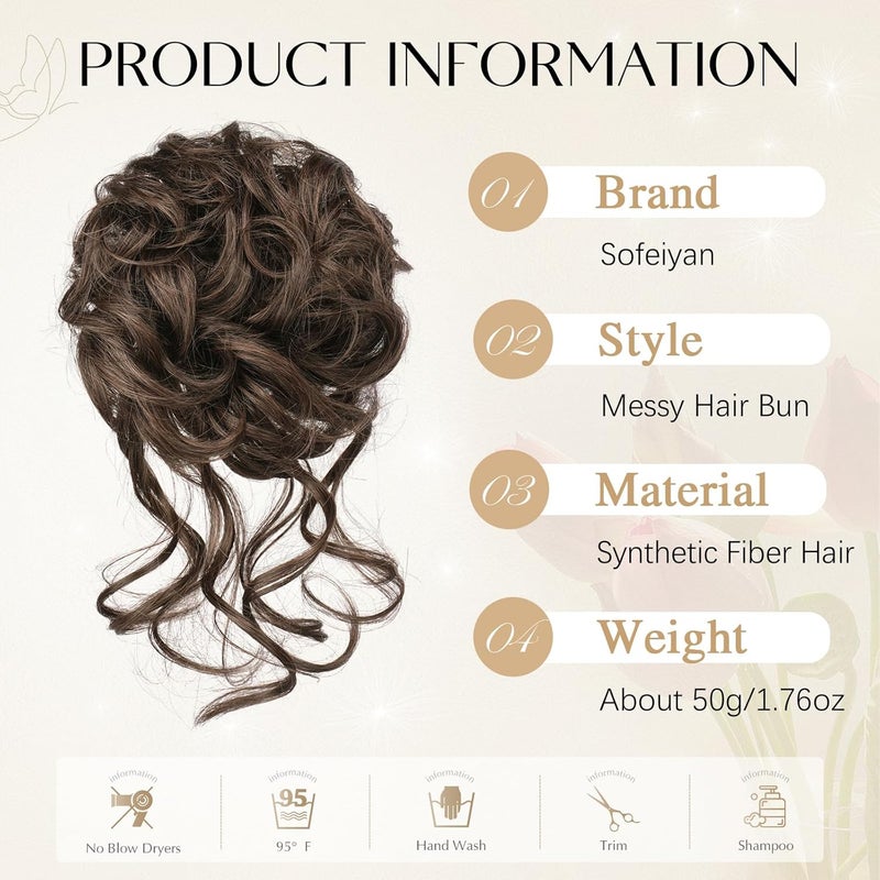 SOFEIYAN Messy Bun Hair Piece Curly Wavy Hair Bun Extensions Synthetic Tousled Updo with Tendrils Hairpieces Bun Donut Accessories Scrunchies for Women, Brown Mix Light Auburn - Image 2