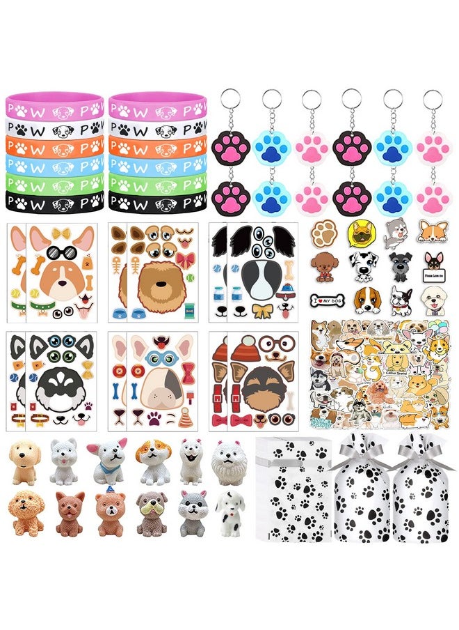 Bluegogo 122Pcs Dog Party Favors Gift Set for Kids Dog Birthday Party Supplies Include 12 Dog DIY Face Stickers 12 Dog Bags 12 Keychains 12 Bracelets 50 Stickers for Puppy Party Favors  - Image 1